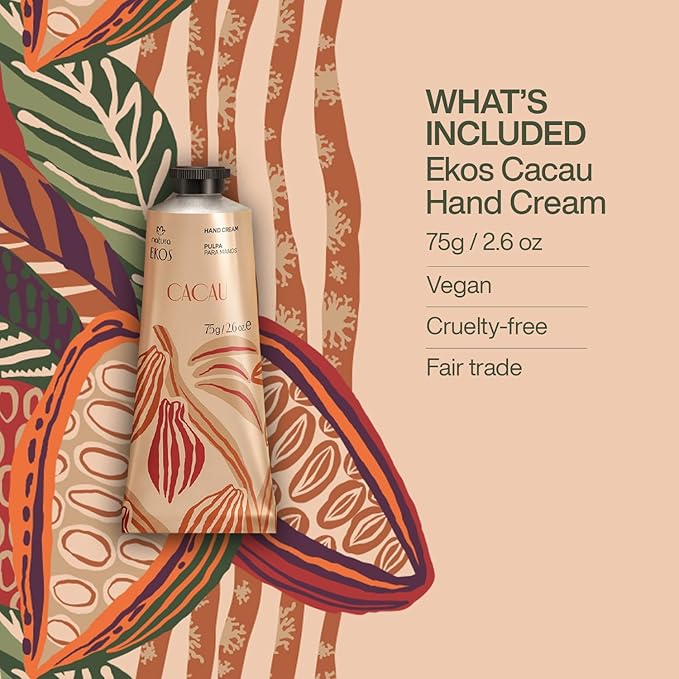Natura – Ekos Cacau Hand Cream, Cocoa Butter Moisturizer for Dry Hands, Hydrating Vegan Skincare, Strengthens Nails & Cuticles – 2.6oz (75g)