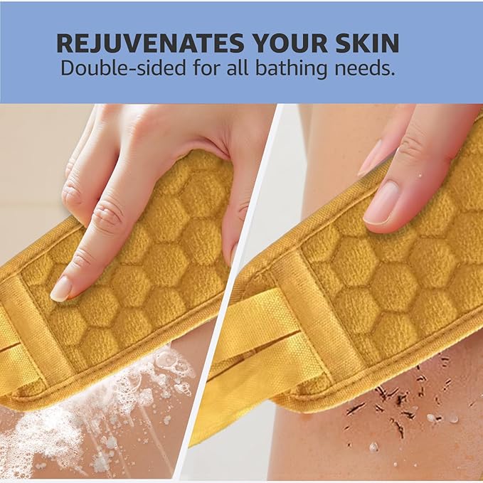 Back Scrubber for Shower with Handles, 40 Inch Extra Long Double-Sided Exfoliating Bath Strap, Textured Body Washer with Extended Reach for Deep Cleaning (Yellow)