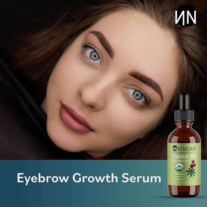 Natnique Castor Oil 4oz – USDA Certified Organic, 100% Pure Cold Pressed Unrefined Oil for Hair Growth, Eyelashes, Eyebrows & Scalp – Natural Skin Moisturizer, Lash Serum & Hair Treatment