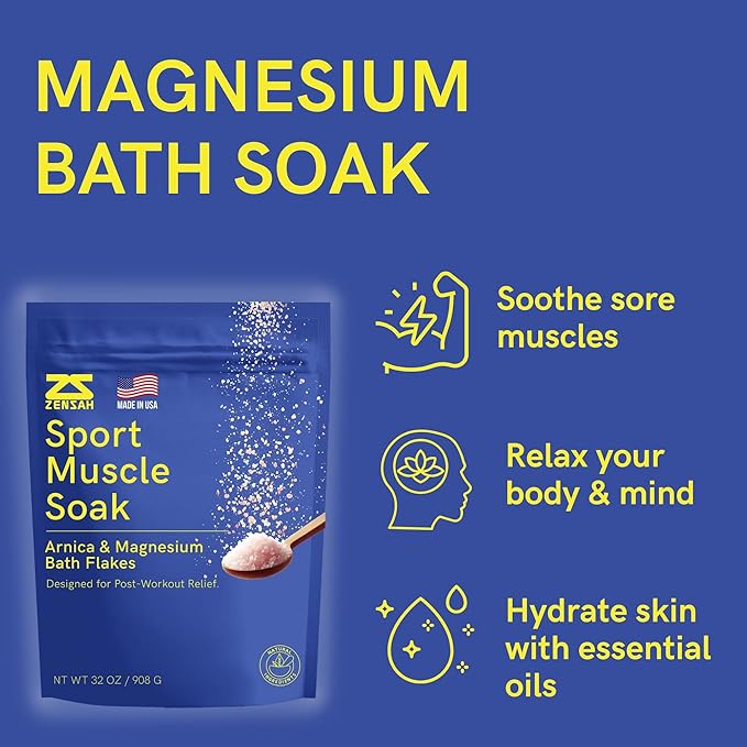 Zensah Muscle Recovery Bath Soak - Magnesium Epsom Salt with Arnica for Post Workout Soreness Relief, Soaking Essential Oils, Sports Gifts for Athletes, Men and Women (Peppermint, 32 oz)