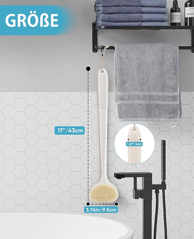 Back Scrubber for Shower with 17" Long Handle, Non-Slip Grip Shower Brush, Moderate Bristles Body Brush for Gentle Exfoliation, Back Brush for Shower Men & Women – Cream White