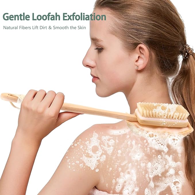 2-in-1 Shower Brush with Loofah Refill Pads, Dual-Sided Long Handle Body Scrubber with Soft & Firm Bristles and Loofah Pad Attachment, Exfoliating Back Brush for Wet or Dry Use, for Men and Women