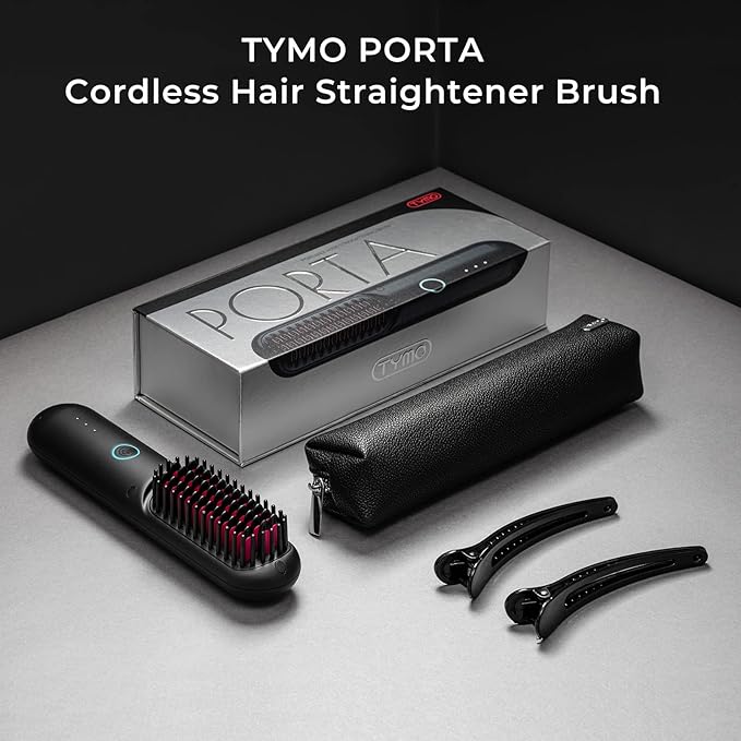 TYMO Porta Cordless Hair Straightener Brush, Portable Mini Straightening Brush for Travel, Negative Ion Hot Comb Hair Straightener for Women, Lightweight to Carry Out, USB Rechargeable, Black