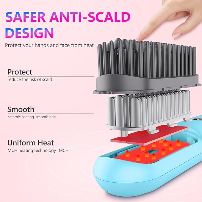 LCD Screen Cordless Hair Straightener Curler 2 in 1, Portable Mini Hair Straightening Brush for Travel Negative Ionic Fast Heating Hot Comb for Women, Folding Brush with Mirror, Blue