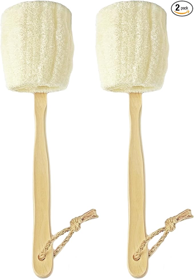 2-Pack Natural Loofah Exfoliating Bath Brush - Body luffa loofa Sponge On a Stick - Sponge Scrubber with Long Wooden Handle Back Brush for Men & Women - Bath Spa Shower