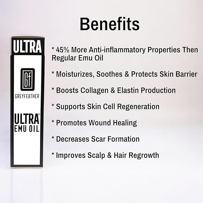 Greyfeather Ultra Emu Oil – 45% More Anti-Inflammatory Properties | Deep Moisturizer for Skin, Hair & Nails | Supports Wound Healing, Reduces Scars, Soothes Irritations, Boosts Collagen & Hair Growth