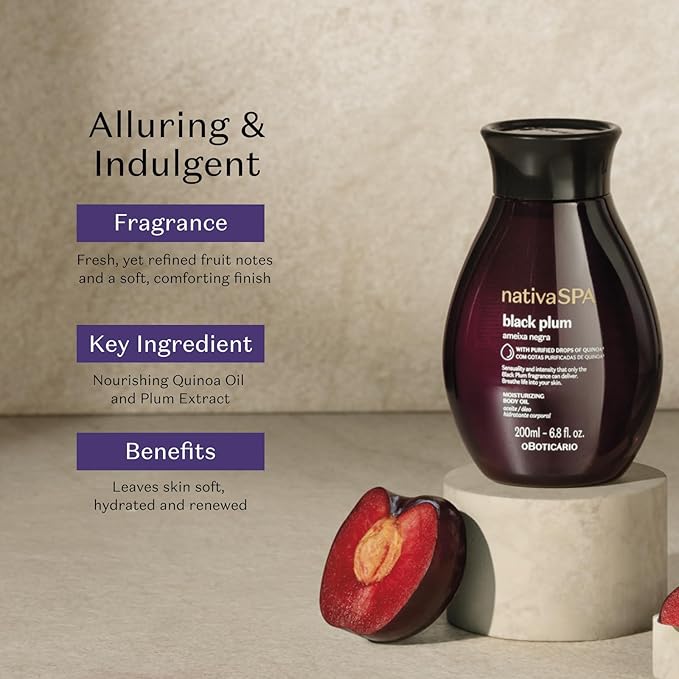 Nativa SPA by O Boticário, Black Plum Body Oil, Scented Moisturizer, Enriched with Purified Quinoa Drops to Boost Hydration, 6.8 Ounce