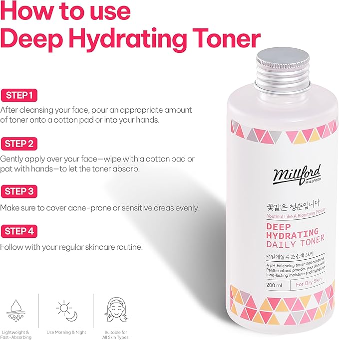 Deep Hydrating Daily Toner 6.76 Oz, 200ml, Moisturizing Toner, Alcohol Free, Fragrance Free, pH Balance, Panthenol, Betaine, Vitamin B5, Korean Skincare