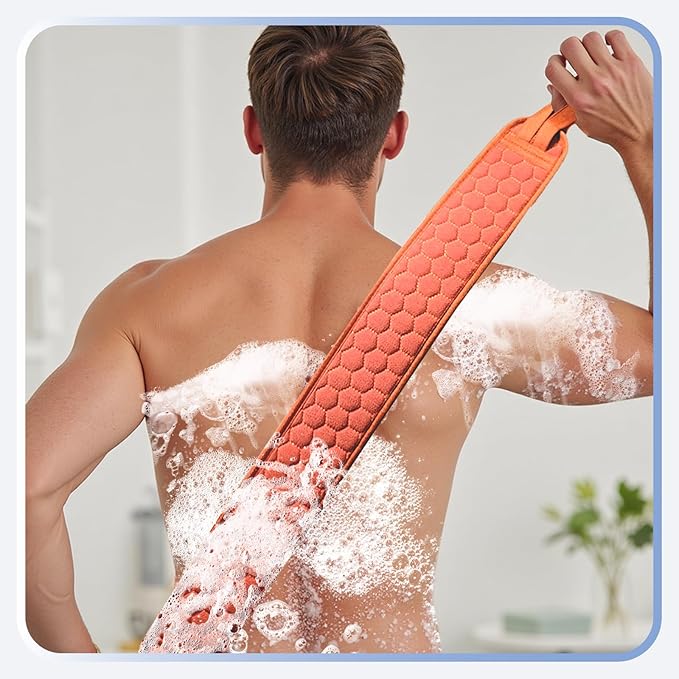 Back Scrubber for Shower with Handles, 40 Inch Extra Long Double-Sided Exfoliating Bath Strap, Textured Body Washer with Extended Reach for Deep Cleaning (Red)