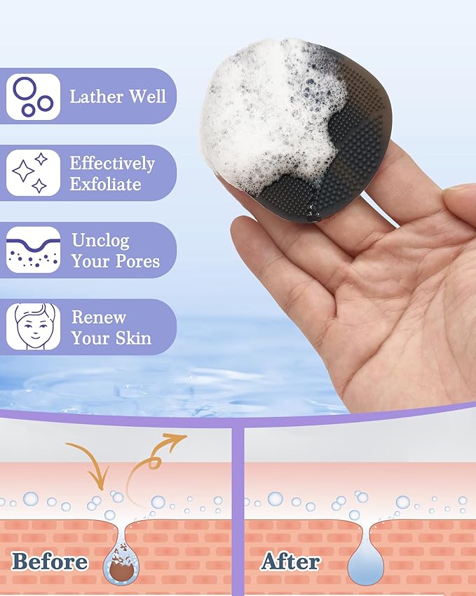 Manmihealth Silicone Back Scrubber (Thin Bristles) & Bath Glove & Face Brush Set(3PCS), Super-Exfoliating & Lathering Body Scrubber, Shower Brush, Face Scrubber Combination, with a Free Hook.(Black)