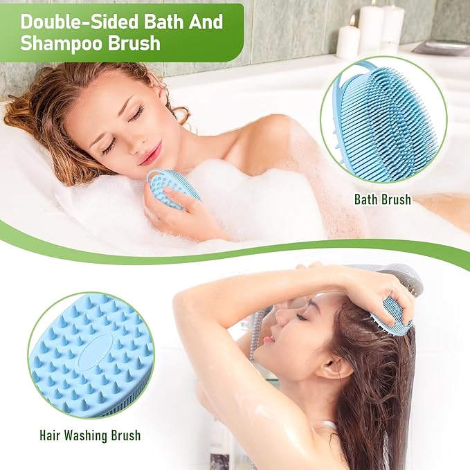 Fanwer 27.5” Back Bath Brush Long Handle for Shower and Silicone Body Scrubber, Shower Back Scrubber with Curved Handle for Elderly, Disabled, Limited Mobility, Post-Surgery, Frozen Shoulder