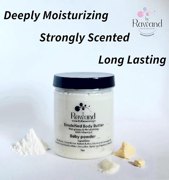 Handmade baby powder Body buttercream with Shea & Cocoa butter based with natural oils & Hyaluronic Acid - non greasy, moisturizing (White (Baby Powder))