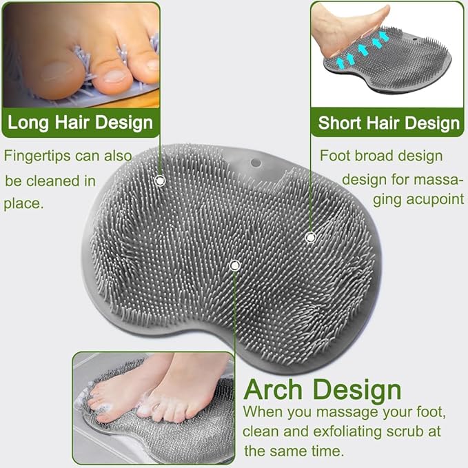 2 PCS Shower Foot & Back Scrubber Brush, Hands Free Wall Mounted Back Massager Mat with Non-Slip Suction Cups Deep Cleaning Foot Brush Exfoliating Silicone Massage Cleaner (Green&Grey)