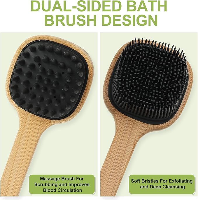 Silicone Back Scrubber for Shower, 2PCS Silicone Bath Body Brush Loofah with Long Handle, Dual-Sided Shower Brush for Body, Black Exfoliating Body Scrubber for Men Women, Back Washer for Men with Hook