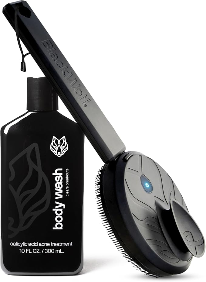 Black Wolf Body Wash & Sonic Scrubber Pro Kit for Men - Vibrating Face & Body Brush with Charcoal Powder Shower Gel, Water Resistant Massage Brush & Salicylic Acid Body Wash, Rich Lather & Deep Clean