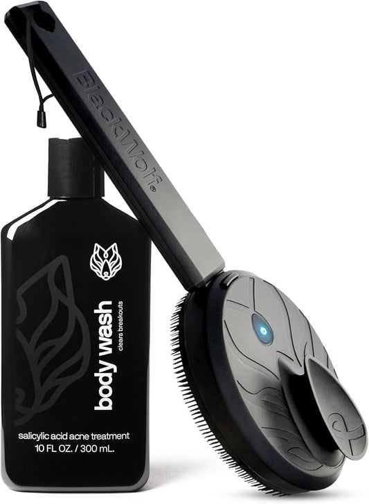 Black Wolf Body Wash & Sonic Scrubber Pro Kit for Men - Vibrating Face & Body Brush with Charcoal Powder Shower Gel, Water Resistant Massage Brush & Salicylic Acid Body Wash, Rich Lather & Deep Clean