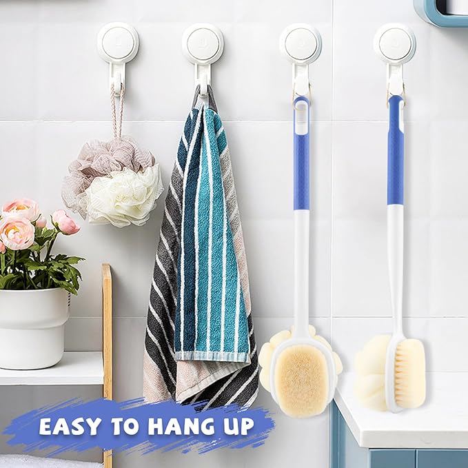 2 Pcs Long Handled Shower Brush Double Sided Bath Brush Massage Body Cleaning Mesh Sponge with Soft Bristles and Loofah for Skin Exfoliating Women Men - Blue