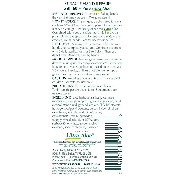 Miracle Hand Repair Cream for Dry Cracked Hands (8 oz & 1 oz) Best Healing Hand Cream with 60% Aloe Vera - Non-Greasy Moisturizer for Working Hands - Fast Absorbing Lotion for Extremely Dry Skin