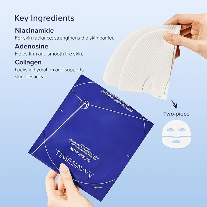 Sealing-in-Moisture Mask | No-Slip, No-Drip, No-Mess 15-Minute Triple-Layer Sheet Mask | Niacinamide, Adenosine &Collagen for Hydration,Firming & Glowing Skin | (18gx5ea)