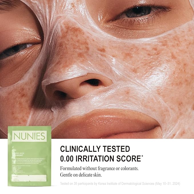 NUNIES Calming Sheet Mask – Korean Soothing Face Mask for Redness & Sensitive Skin | CICA, Allantoin & Panthenol | pH-Balanced | Alcohol-Free, Fragrance-Free, Colorant-Free | 5 Sheets