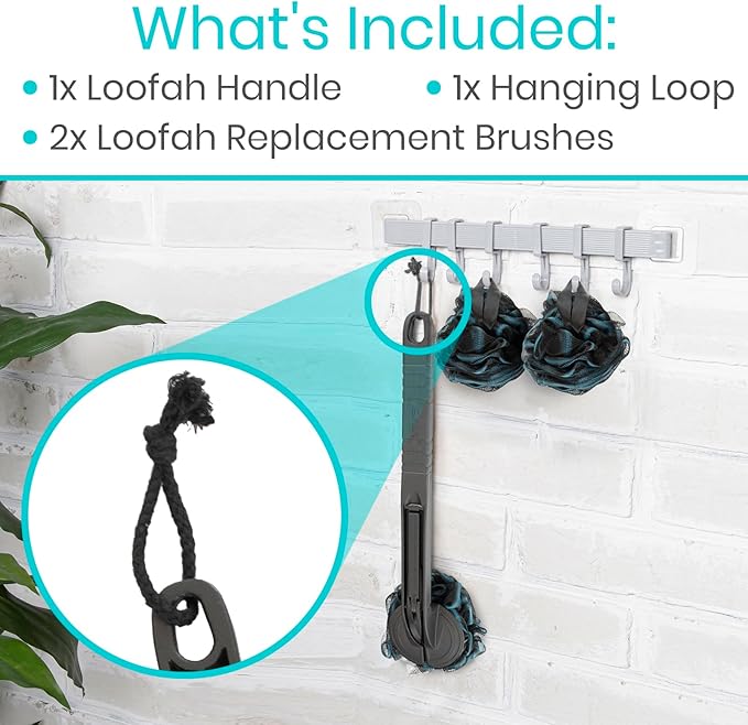 Vive Long Handled Loofah on a Stick - Mesh Back Sponge for Bath, Reusable w/Extra Pouf - Exfoliating Scrubber for Elderly & Disabled, Soft Loofa for Bathing Men & Women