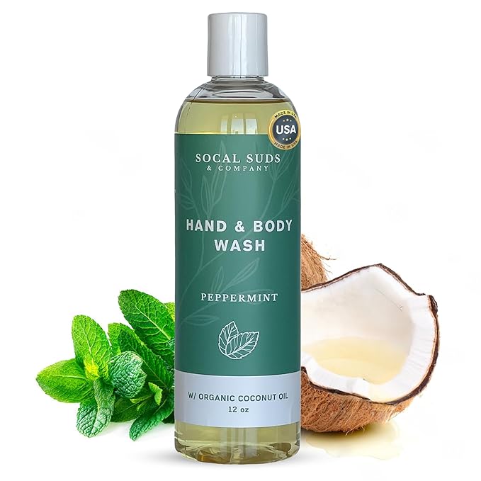 SoCal Suds & Company - 12oz Organic Soap Liquid, Gentle Hand & Body Wash, Organic Body Wash for Men and Women, Made w/Organic Oils & Coconut Oil, Bath Essentials for All Skin Types - Peppermint