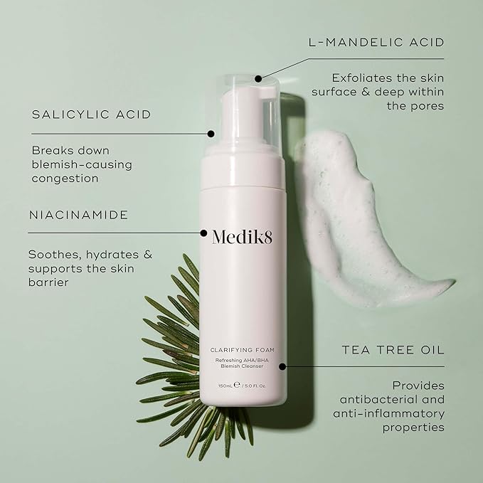 Medik8 Clarifying Foam - Lightweight Exfoliating AHA and BHA Face Cleanser - Salicylic Acid and Nicacinamide - Gentle Foaming Facial Cleanser - 5 oz