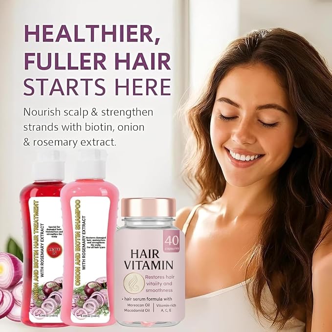 Onion & Biotin Shampoo Set – Rosemary Strengthening Shampoo + Conditioner + Leave-in Hair Vitamin Capsules, Hydrating & Repair Kit for Dry, Damaged, and Frizzy Hair
