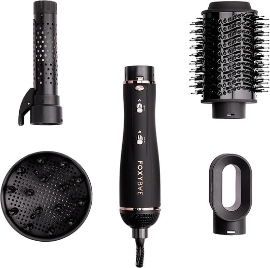 Foxybae Super Styler – 4-in-1 Blow-Dryer Brush Set - Diffuser, Blowout-Brush, 1.25” Curling Barrel & Drying Cylinder - Voluminous, Frizz-Free Hair - Dryer, Straightener & Curler (Black Rose-Gold)