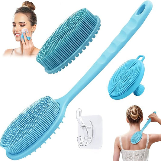 Silicone Face & Back Scrubber Set, Manual Face & Body Scrubber Exfoliator with Soft Bristles and Non-Slip Handle, Back Brush Bath Brush with 2 Detachable Brush Heads(3PCS Blue Set)