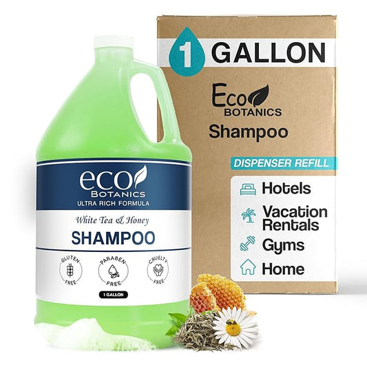 Terra Pure 1-Shoppe Eco Botanics Natural Shampoo with Raw Honey & White Tea | Gallon Jug Bulk Toiletries for Airbnb, Vacation Rentals, and Home Bathroom | Refill For Soap Dispensers