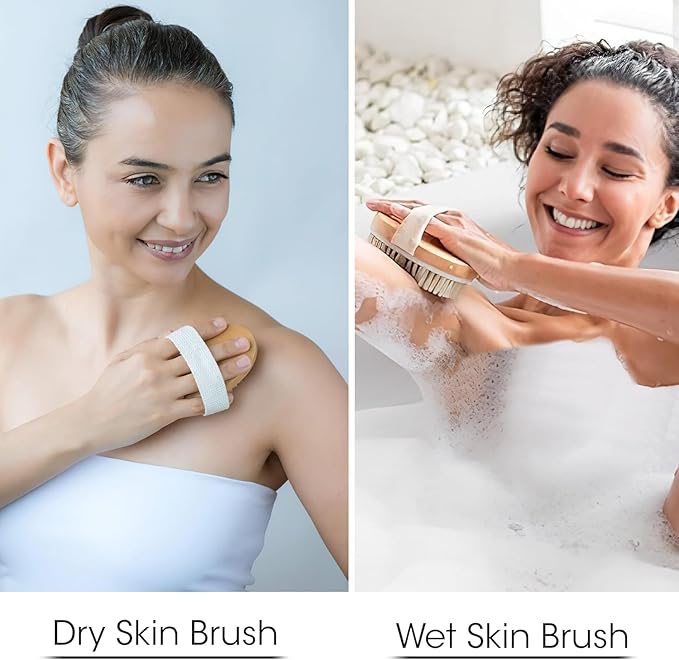 OPAZ 2-Pack Dry Body Brush – Natural Boar Bristles, Ergonomic Cotton Strap – Smoothes Skin, Reduces Cellulite, Boosts Circulation & Lymphatic Drainage – Eco-Friendly Wooden Scrub