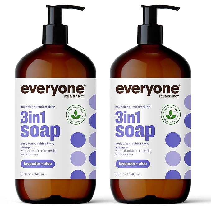 Everyone 3-in-1 Soap, Body Wash, Bubble Bath, Shampoo, 32 Ounce (Pack of 2), Lavender and Aloe, made with Essential Oils for Men and Women