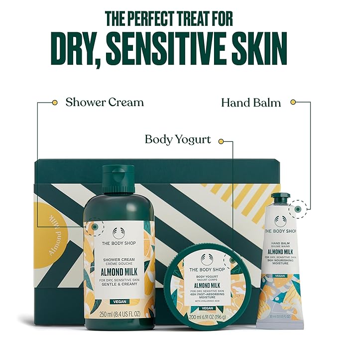 The Body Shop Almond Milk Gift Set - 3 Piece Set, Includes Shower Cream, Body Yogurt, Hand Balm, Vegan