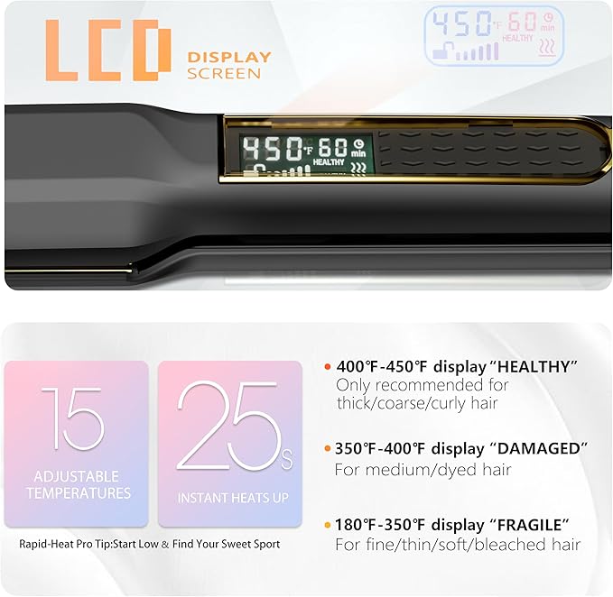 Thirtek Professional Hair Straightener,1.5 inch Ceramic & Titanium Flat Iron,15 Adjustable Temperature Levels,LCD Display, 25s Quick Heat Up,Styling Tools for Thick Hair,Dual Voltage,Black&Gold