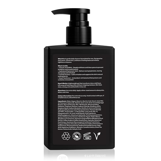 Men’s Facial Cleanser – Deep Cleansing & Hydrating Face Wash for Oily, Dry & Sensitive Skin – Exfoliating Daily Cleanser with Salicylic Acid, Green Tea & Amino Acids – 6.7 oz