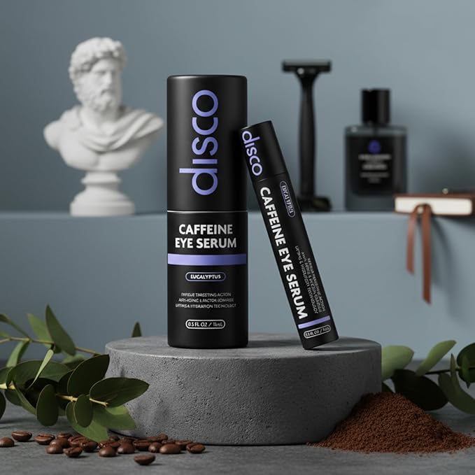 Disco Eye Serum, 12% Caffeine 8% Hyaluronic Acid, Niacinamide Peptides, Puffy Bags Fine Lines Dark Circles Wrinkles, Eucalyptus - Moisturizing Vitamin C 360° Roller Massage Ball Anti-Aging Cream 0.5oz