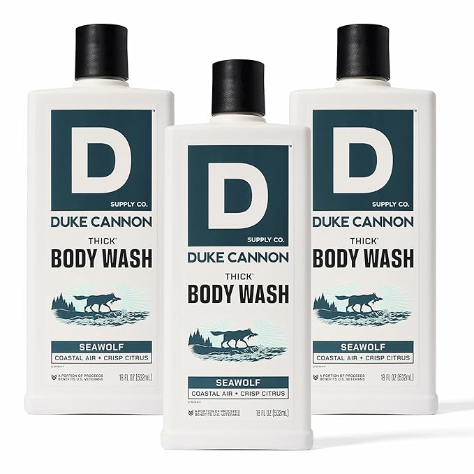 Duke Cannon Supply Co. Thick High Viscosity Body Wash – 3X Thicker, Plant-Based, Mineral-Enriched for Men – Shower Gel – Men’s Body Scrub – Seawolf 3 Pack – 18 oz