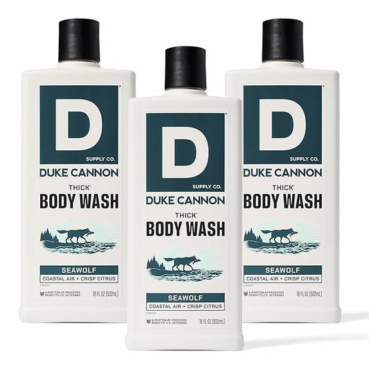 Duke Cannon Supply Co. Thick High Viscosity Body Wash – 3X Thicker, Plant-Based, Mineral-Enriched for Men – Shower Gel – Men’s Body Scrub – Seawolf 3 Pack – 18 oz
