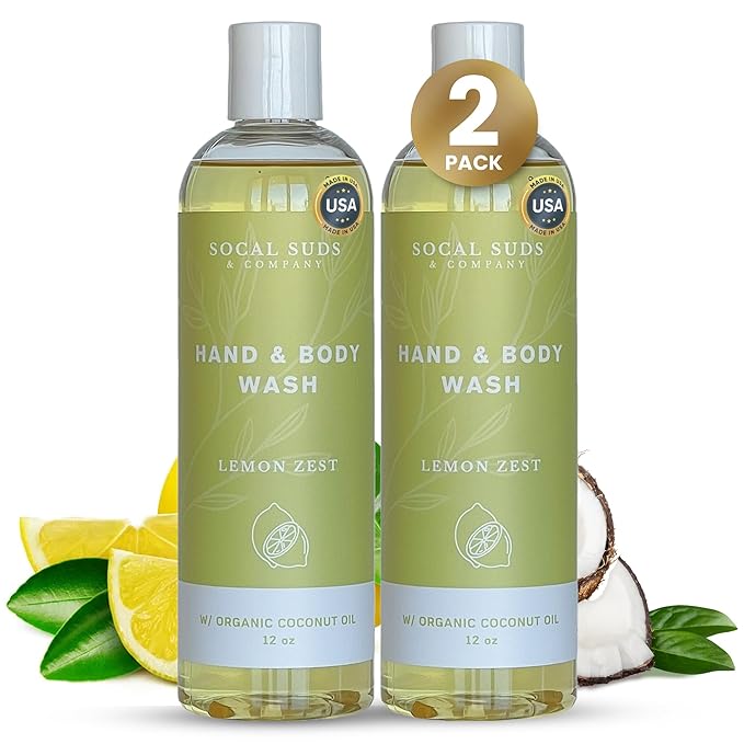 SoCal Suds & Company - 12oz Organic Soap Liquid, Gentle Hand & Body Wash, Organic Body Wash for Men and Women, Made w/Organic Oils & Coconut Oil, Bath Essentials for All Skin Types - 2pk Lemon Zest