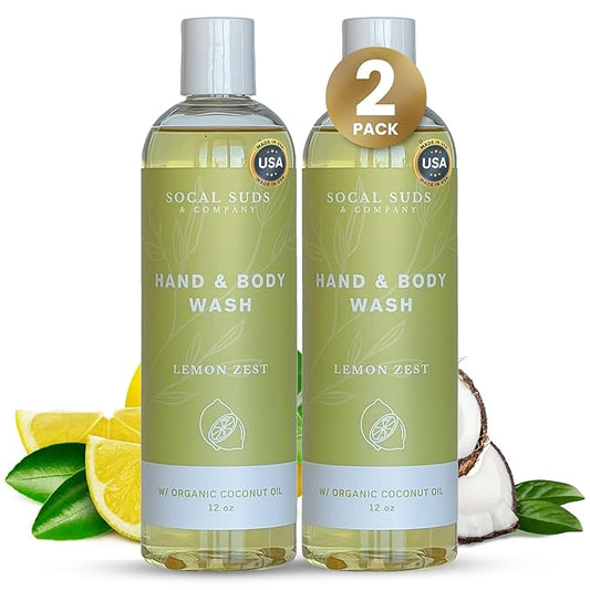 SoCal Suds & Company - 12oz Organic Soap Liquid, Gentle Hand & Body Wash, Organic Body Wash for Men and Women, Made w/Organic Oils & Coconut Oil, Bath Essentials for All Skin Types - 2pk Lemon Zest