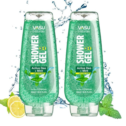 Vasu Naturals Mint Body Wash for Men & Women – Cooling Shower Gel with Menthol & Natural Mint, Hydrating Body Soap, Deep Moisturizing Formula, Paraben-Free Bath Wash – 8.45 fl oz Each (Pack of 2)