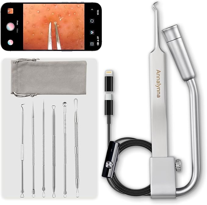 Luma 1 Visual Blackhead Remover Tweezers with Camera - Pimple Popper Tool with Camera 20x Magnification, 1080P, 8 LED Lights, with Blackhead Remover Pimple Popper Tool Kit (6 Piece Kit)