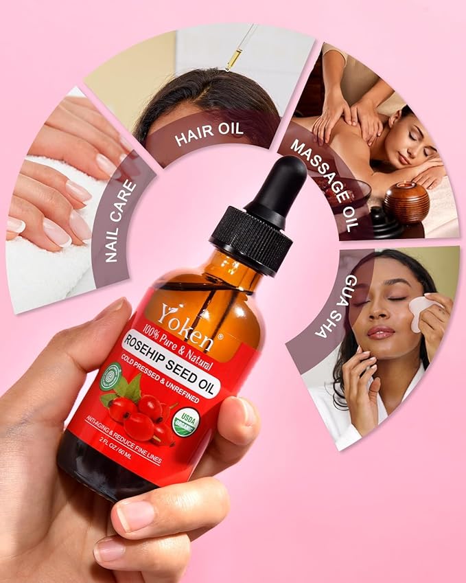 Organic Rosehip Seed Oil for Face,100 USDA Pure Rosehip Oils for Skin,Scars,Hair & Nails.2 fl Oz Cold Pressed Rose HIPS Oils for Skin Care, Anti-Aging, Scar Treatment, GUA SHA Massage Carrier Oil