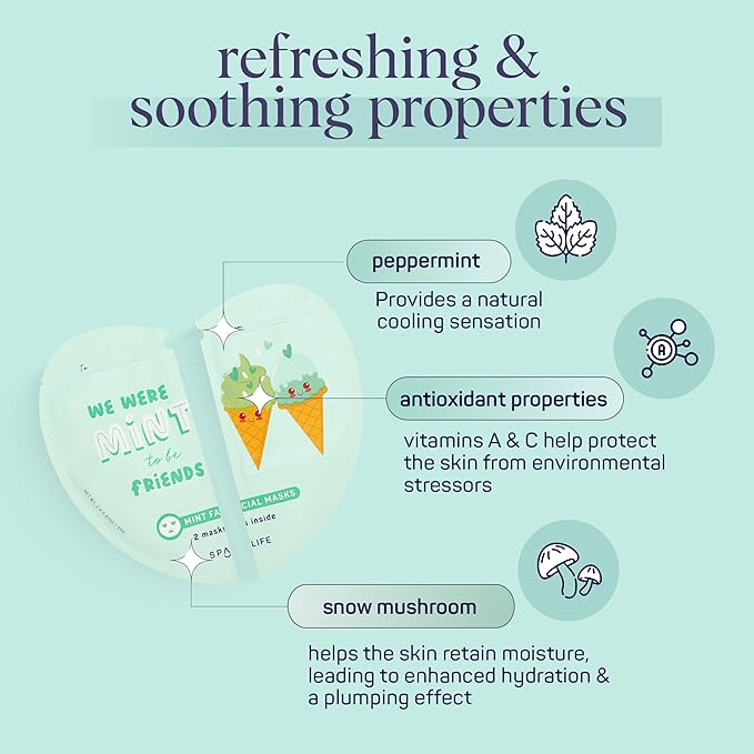 SpaLife We Were Mint to be Friends Duo Minty Facial Masks Set 2-pack - Hydrating, Soothing, and Moisturizing with Natural Mint Scent - Facial Sheet Mask Skin Care - Perfect Valentine Gift Set