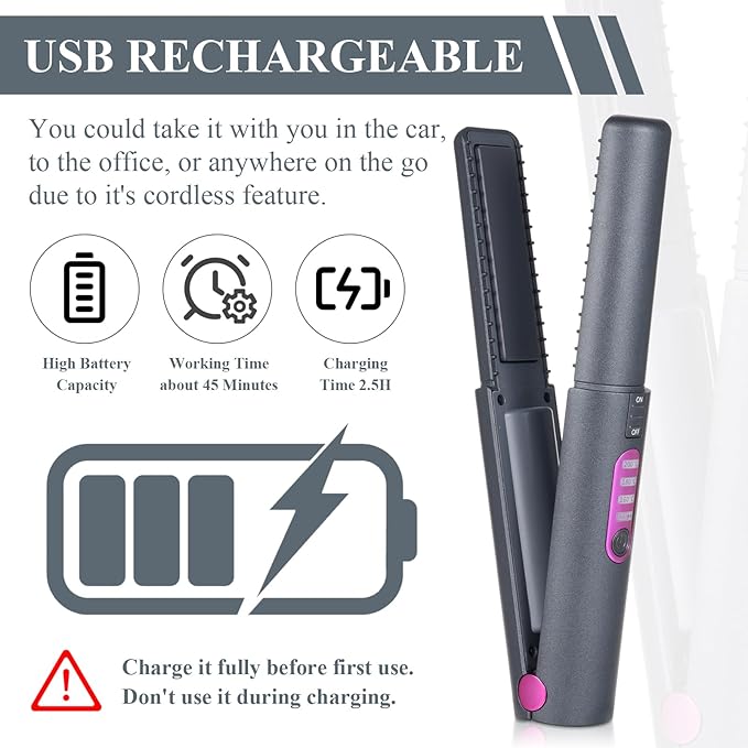 Cordless Hair Straightener and Curler 2 in 1, Portable Mini Ceramic Flat Iron, 5000mAh Battery, USB-C Rechargeable, Quick Heat Up, Travel-Friendly Hair Styling Tool, Gray