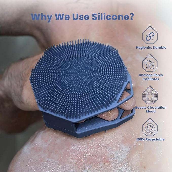 iTOKGOK® 2-in-1 Silver-Infused Silicone Body Scrubber, Double-Sided Design Body Brush Body Scrubber Exfoliating Body Brushes for Sensitive Skin for Showering, Silicone Loofah - Blue