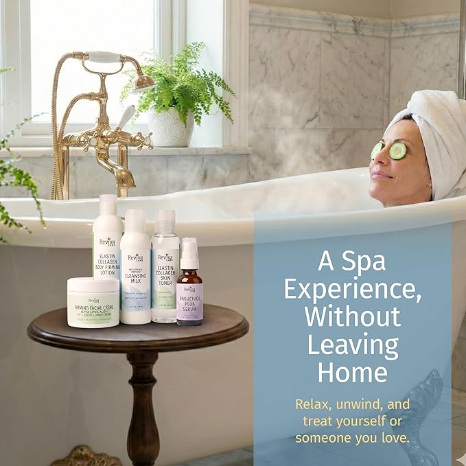 Reviva Labs Spa at Home – 5-Piece Skincare Gift Set for Women – featuring Gentle Facial Cleanser, Toner, Plumping Serum, Firming Cream & Collagen Body Lotion for Winter Skin Care