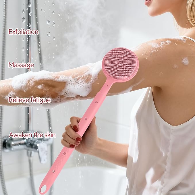 Back Scrubber for Shower, (16-24 Inch) Extendable Bath Brush Long Handle for Shower, Silicone Body Scrubber with Handle, Back Brush for Shower Men and Women,Easy to Clean (Pink)
