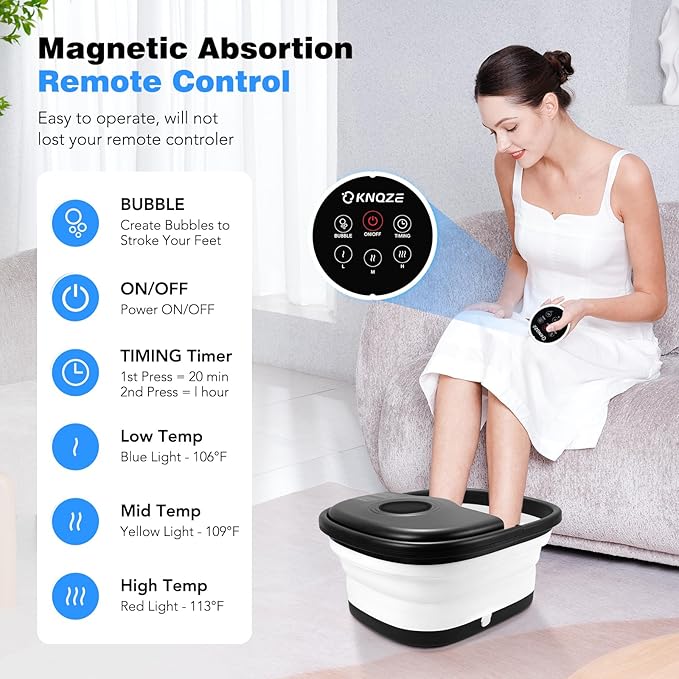 KNQZE Collapsible Foot Spa Bath with Heat, Remote Control, Temperature Control, Bubbles, Pumice Stone, Red Light, Timer, 16 Massage Roller Pedicure Foot Spa Foot Soaker for Soothe & Relax Tired Feet